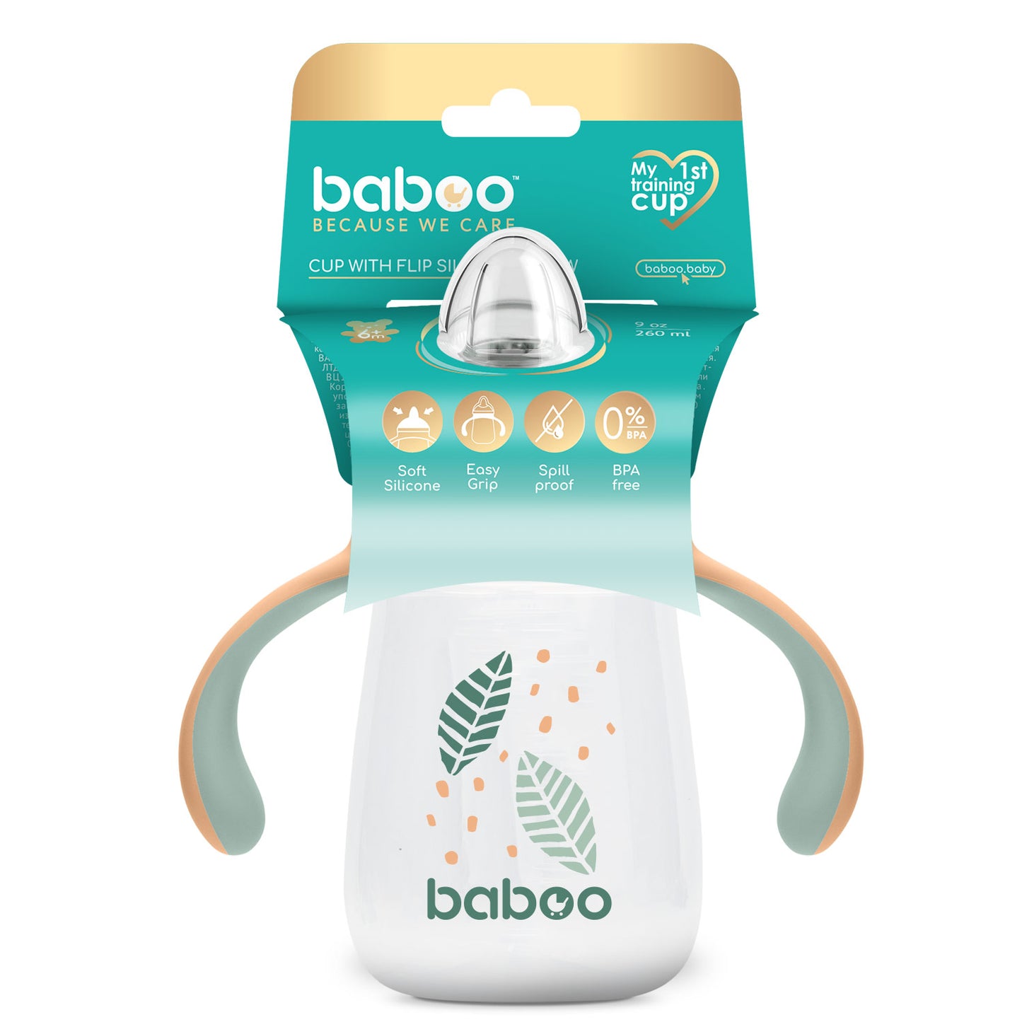 Baboo® szilikon csőrös itatópohár 260 ml Peachy 6+ hónapos kortól