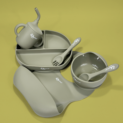 Lulushop 6-piece baby feeding set in Forest Green, featuring silicone suction plate, bowl, bib, cup, and utensils.