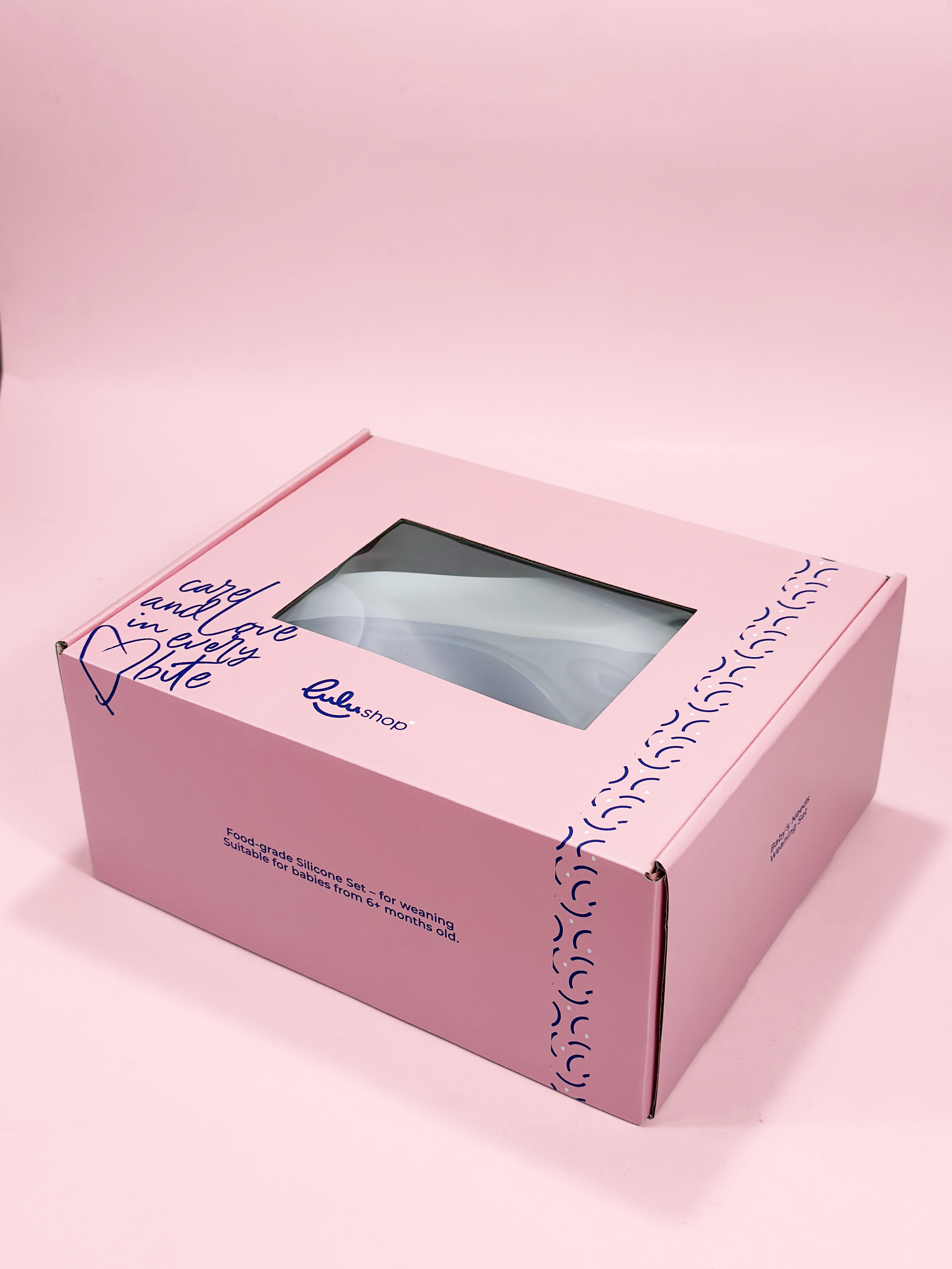 Lulushop baby weaning set in a branded pink gift box for food-grade silicone feeding essentials